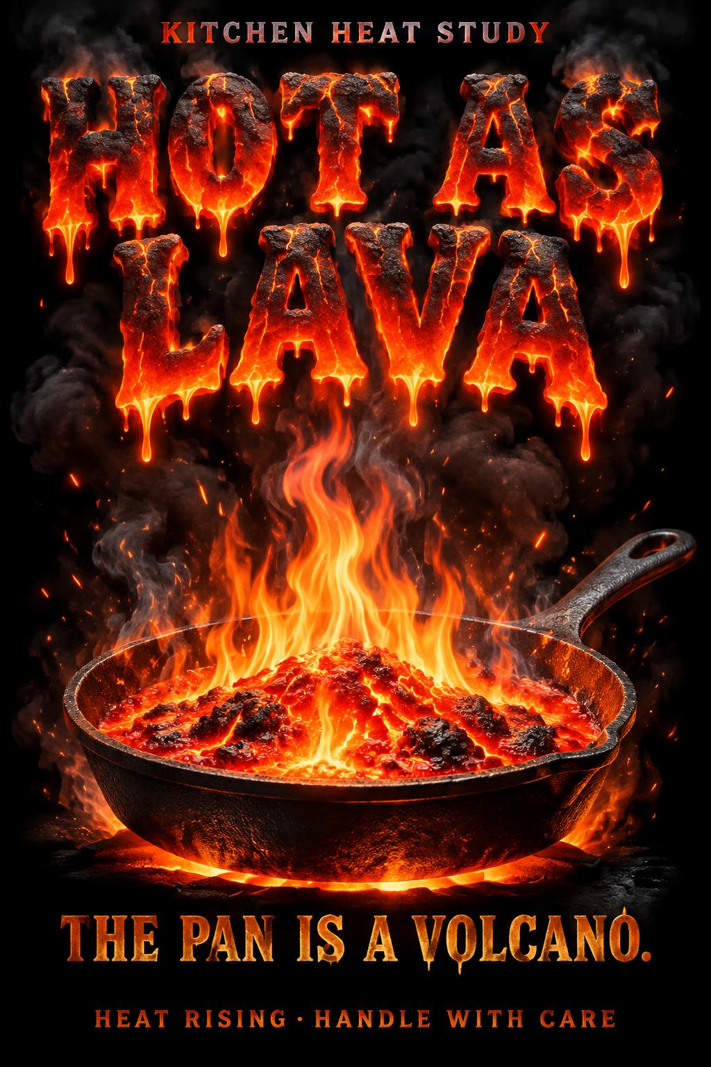 "HOT AS LAVA
THE PAN IS A VOLCANO.
KITCHEN HEAT STUDY
HEAT RISING · HANDLE WITH CARE" — Fire Smoke | AI Text Effect Generator