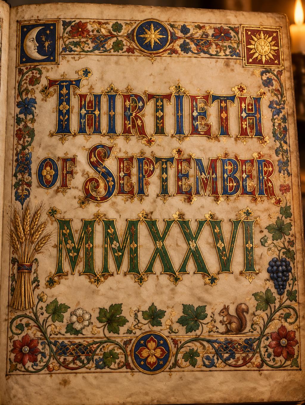 "THIRTIETH
OF SEPTEMBER
MMXXVI" — Medieval | AI Text Effect Generator