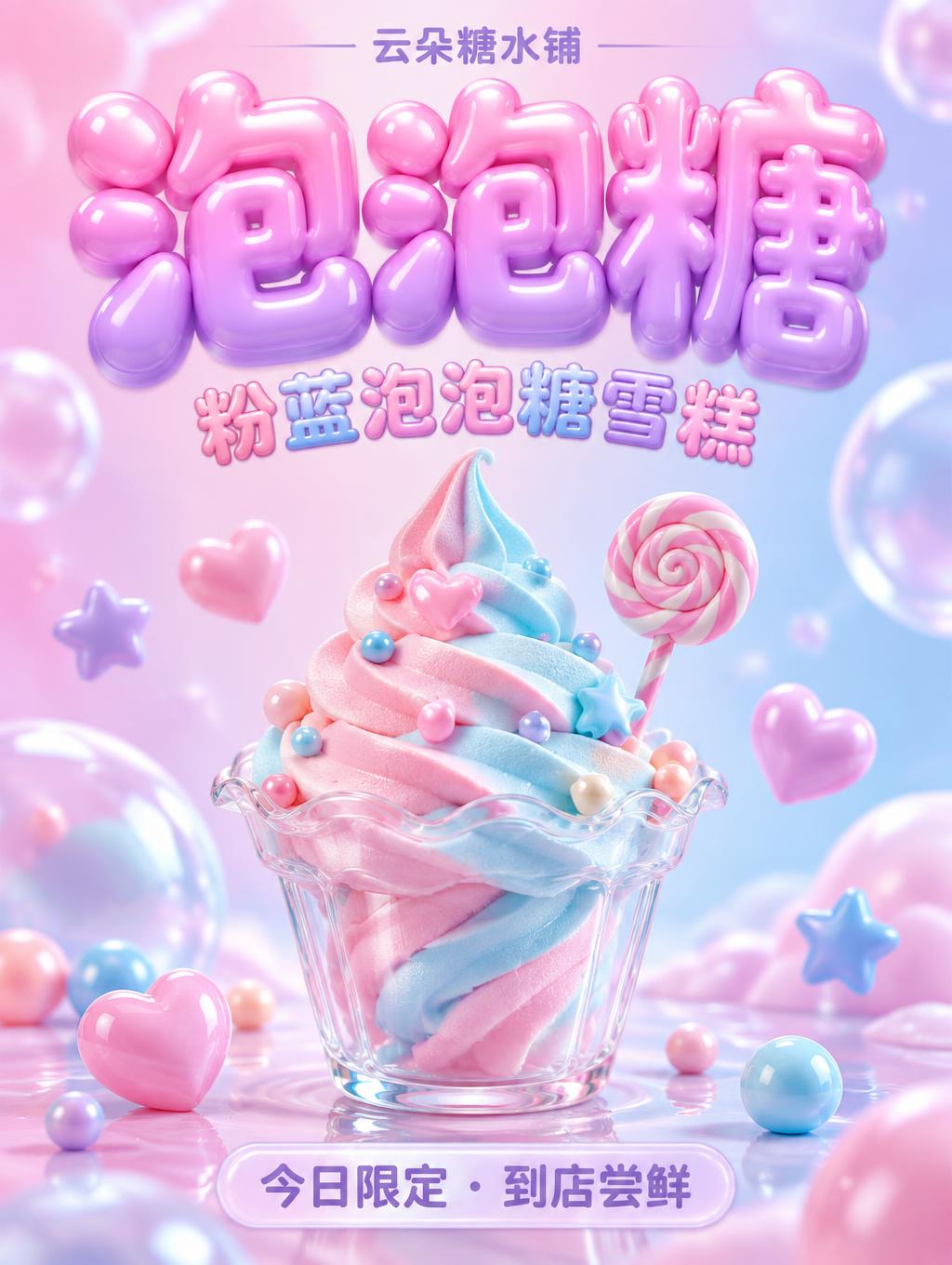 "云朵糖水铺
泡泡糖
粉蓝泡泡糖雪糕
今日限定 · 到店尝鲜" — Y2k Bubbly | AI Text Effect Generator