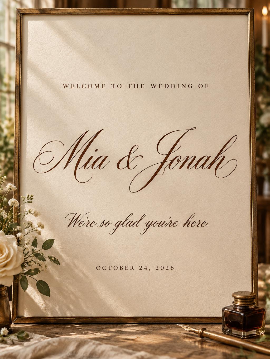 "Mia & Jonah
Welcome to the wedding of
We’re so glad you’re here
October 24, 2026" — Handwritten Script | AI Text Effect Generator