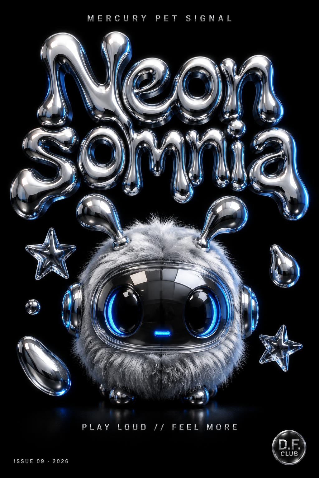 "Neonsomnia" — chrome metal 3d text effect