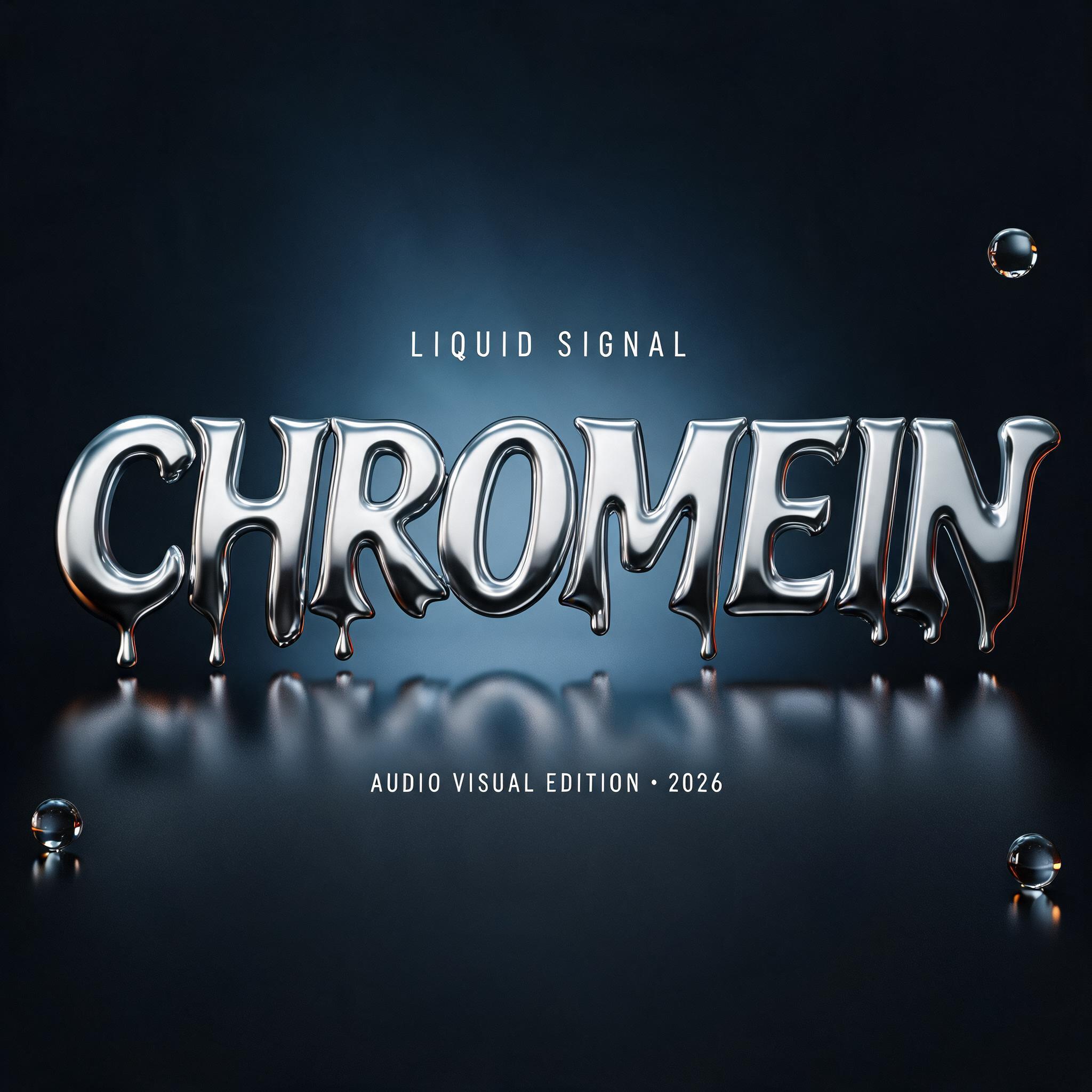 "CHROMEIN
LIQUID SIGNAL
AUDIO VISUAL EDITION · 2026" — Metallic | AI Text Effect Generator