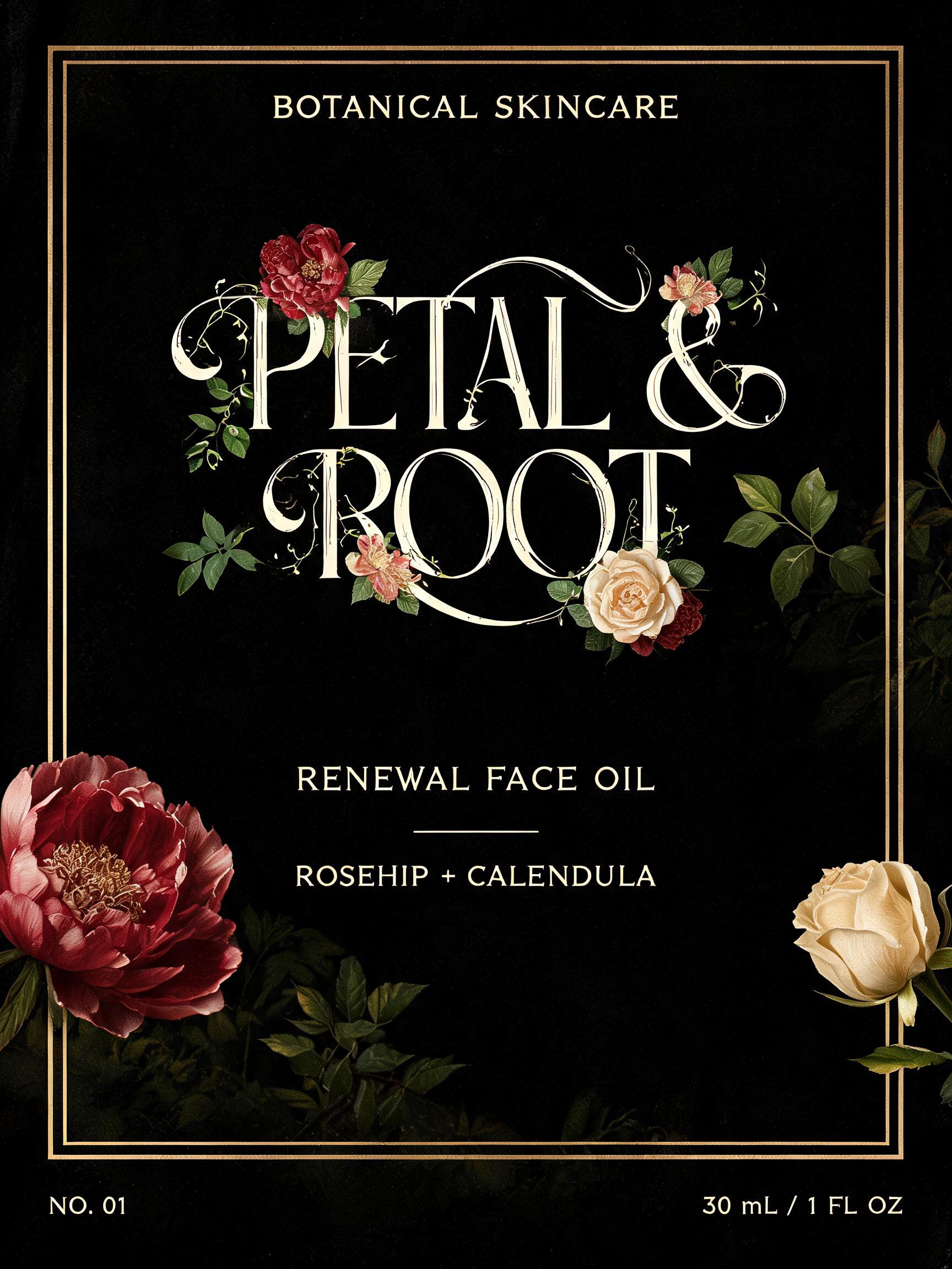 "PETAL & ROOT
BOTANICAL SKINCARE
RENEWAL FACE OIL
ROSEHIP + CALENDULA
NO. 01
30 mL / 1 FL OZ" — Floral | AI Text Effect Generator