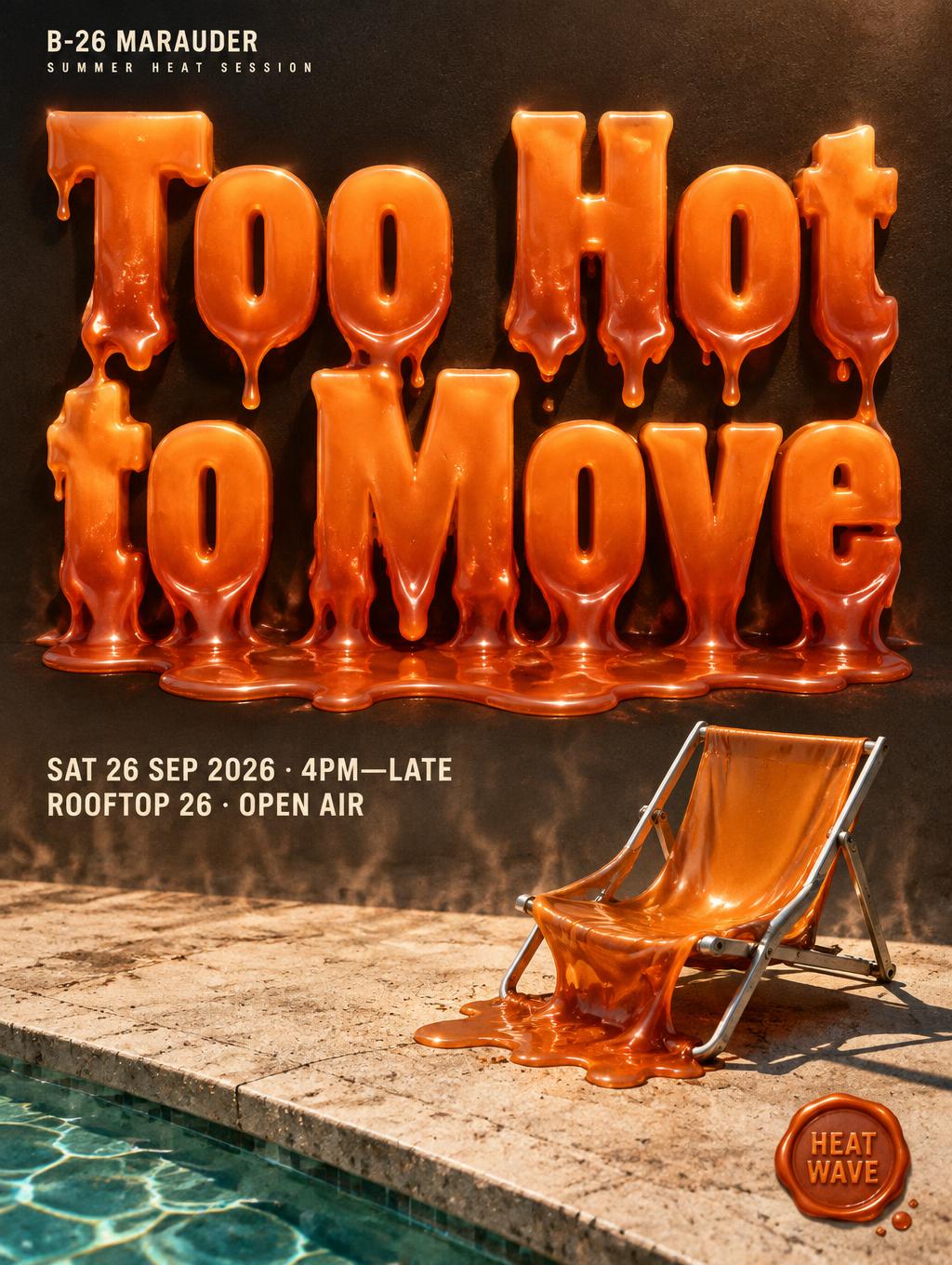 "Too Hot
to Move
B-26 MARAUDER
SUMMER HEAT SESSION
SAT 26 SEP 2026 · 4PM—LATE
ROOFTOP 26 · OPEN AIR
HEAT WAVE" — Drip Font Melting | AI Text Effect Generator