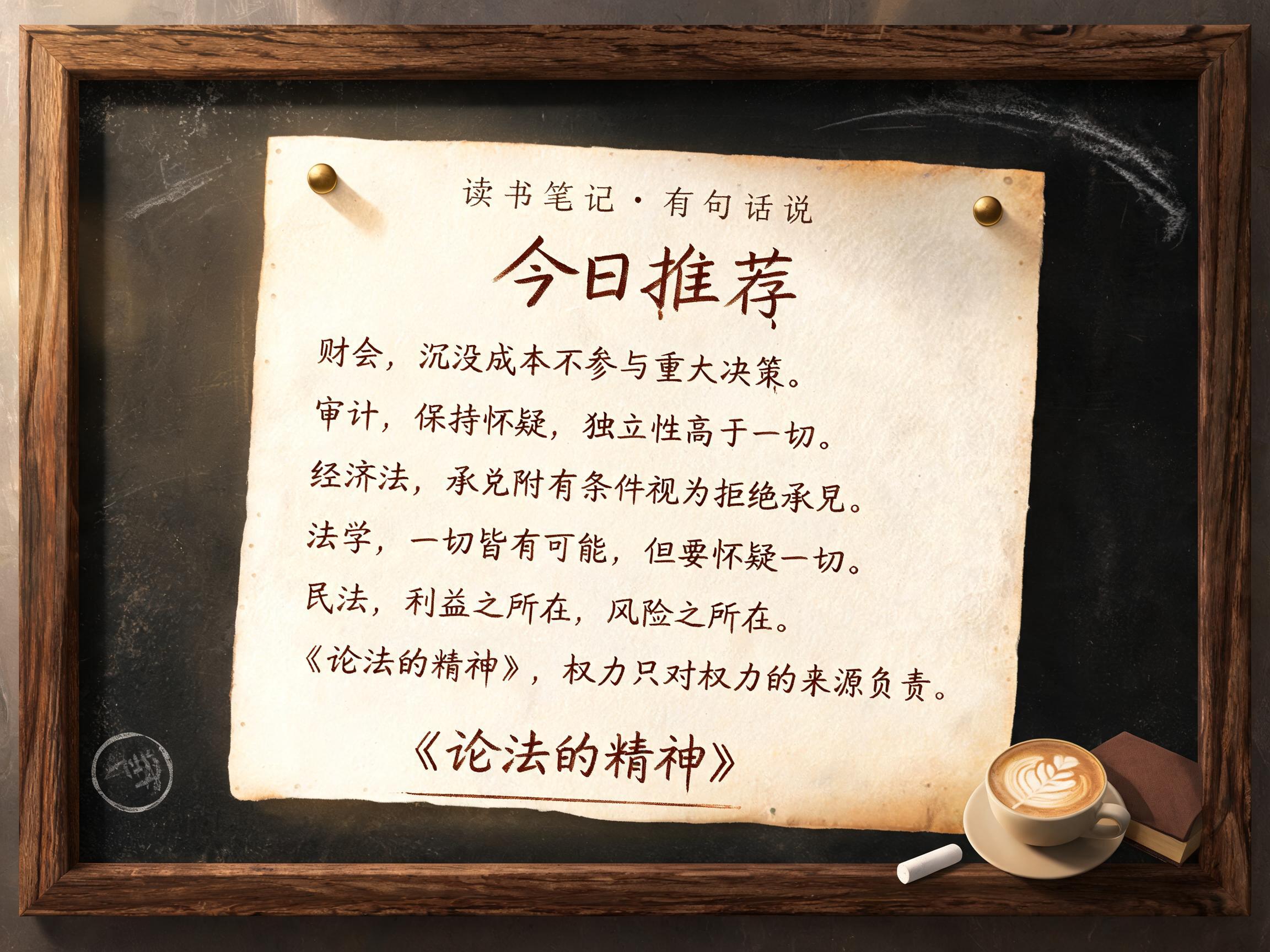 "读书笔记 · 有句话说
今日推荐
财会，沉没成本不参与重大决策。
审计，保持怀疑，独立性高于一切。
经济法，承兑附有条件视为拒绝承兑。
法学，一切皆有可能，但要怀疑一切。
民法，利益之所在，风险之所在。
《论法的精神》，权力只对权力的来源负责。
《论法的精神》" — Handwritten Script | AI Text Effect Generator