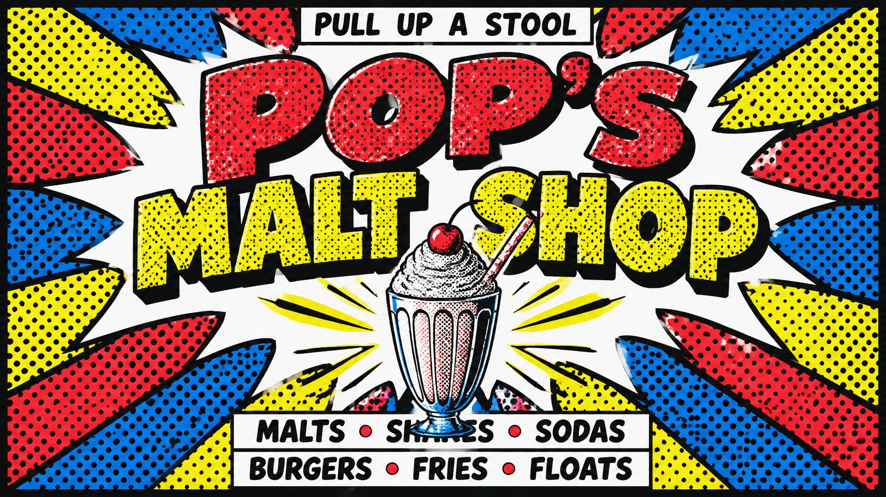 POP'S
MALT SHOP
MALTS • SHAKES • SODAS
BURGERS • FRIES • FLOATS
PULL UP A STOOL