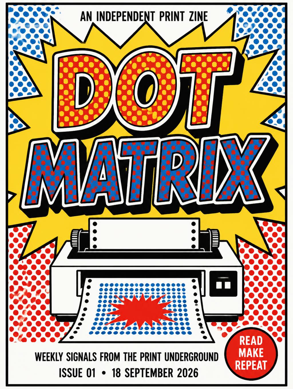 DOT
MATRIX
AN INDEPENDENT PRINT ZINE
WEEKLY SIGNALS FROM THE PRINT UNDERGROUND
ISSUE 01  •  18 SEPTEMBER 2026
READ / MAKE / REPEAT