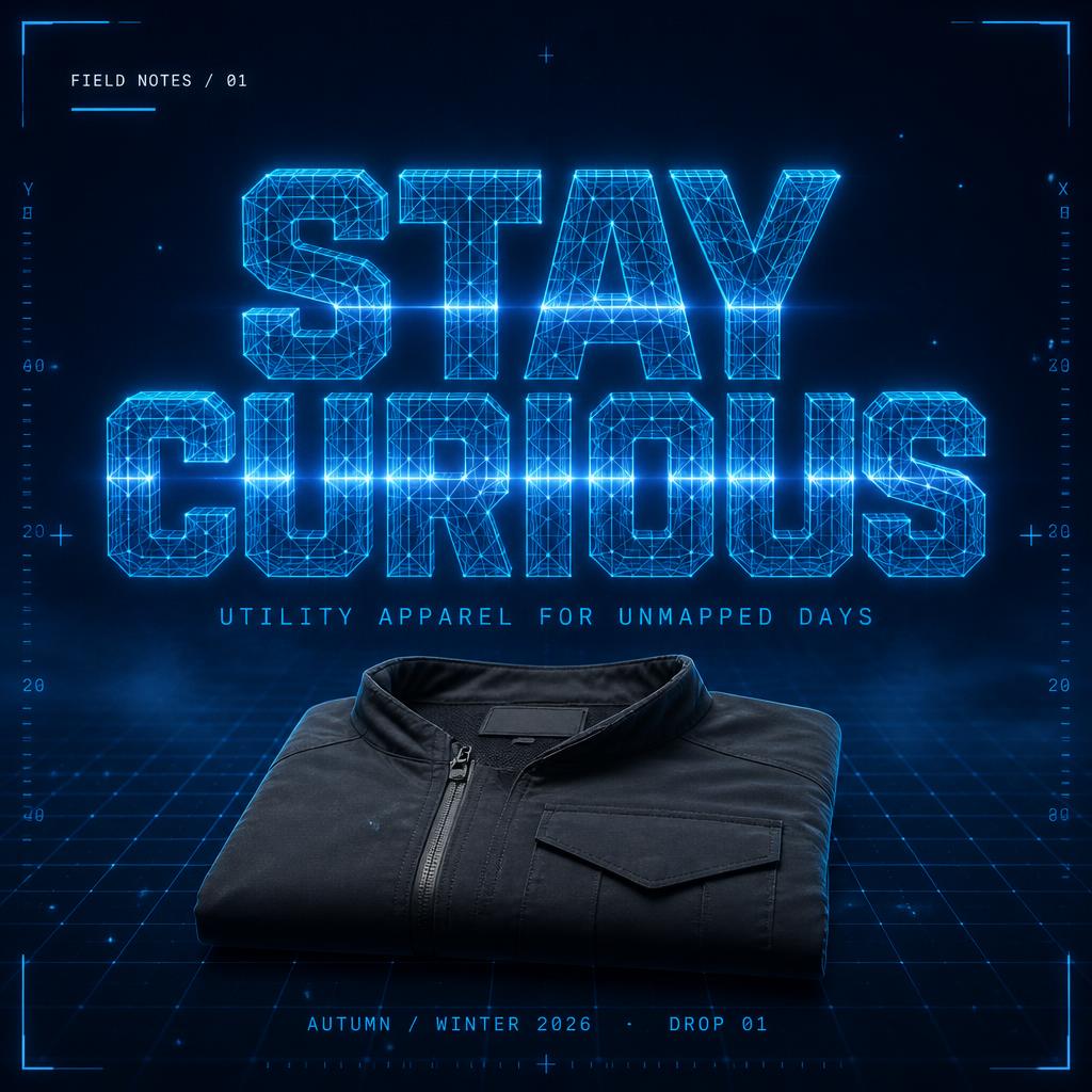 "STAY
CURIOUS
FIELD NOTES / 01
UTILITY APPAREL FOR UNMAPPED DAYS
AUTUMN / WINTER 2026  ·  DROP 01" — Futuristic text effect