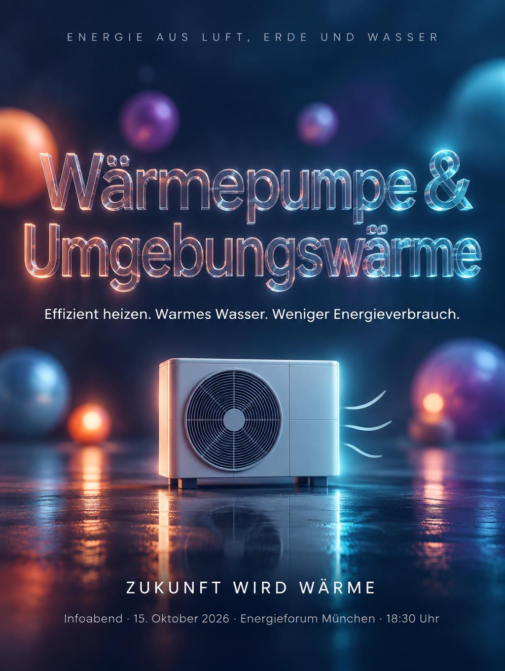 "Wärmepumpe &
Umgebungswärme
ENERGIE AUS LUFT, ERDE UND WASSER
Effizient heizen. Warmes Wasser. Weniger Energieverbrauch.
ZUKUNFT WIRD WÄRME
Infoabend · 15. Oktober 2026 · Energieforum München · 18:30 Uhr" — Glass Morphism | AI Text Effect Generator