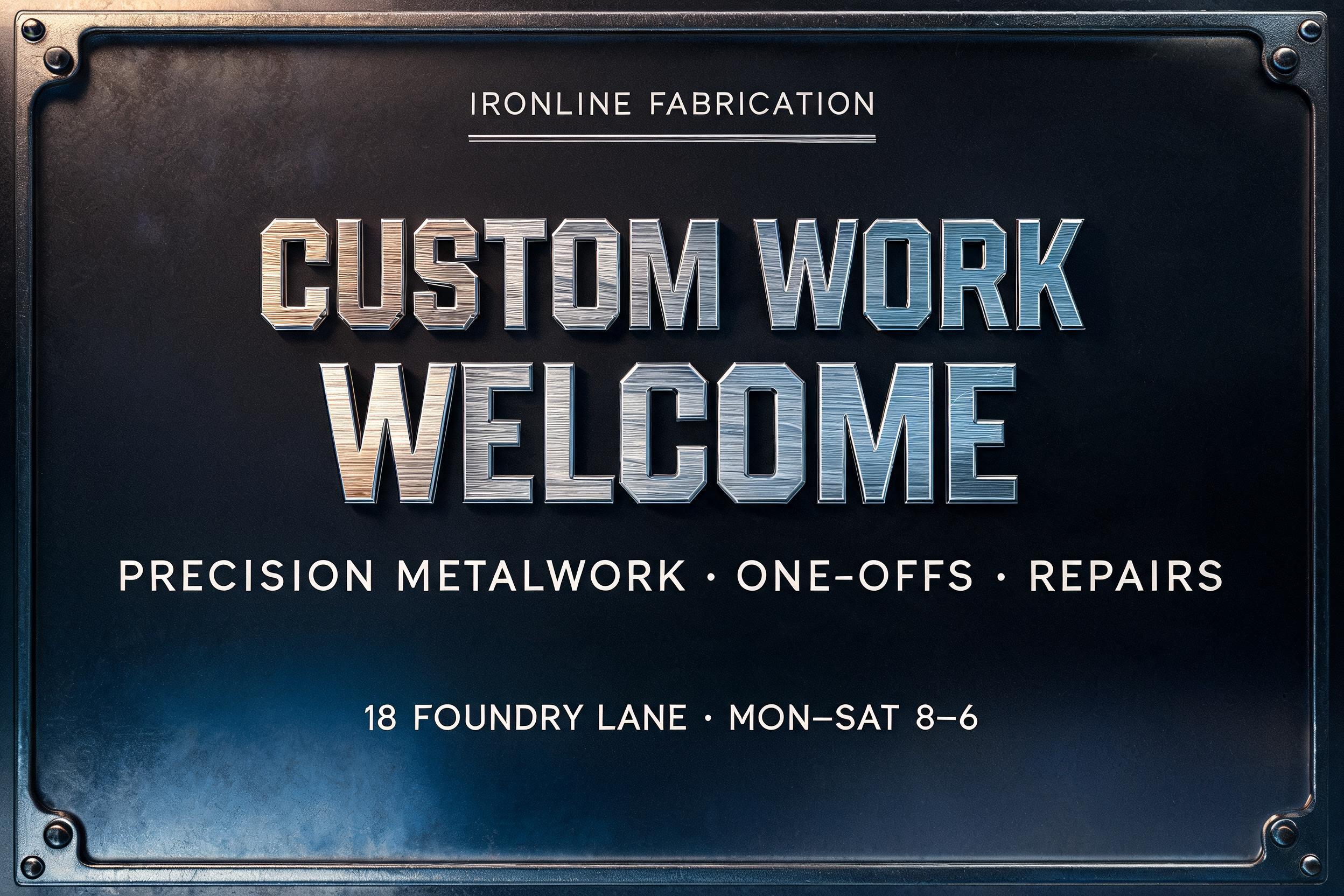 "CUSTOM WORK
WELCOME
IRONLINE FABRICATION
PRECISION METALWORK · ONE-OFFS · REPAIRS
18 FOUNDRY LANE · MON–SAT 8–6" — Metallic | AI Text Effect Generator
