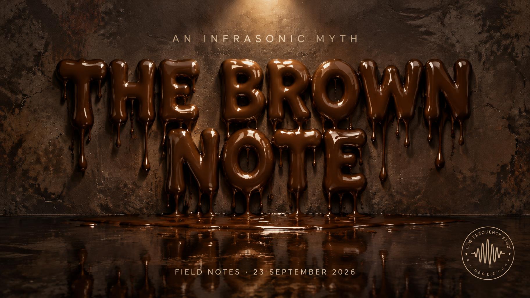 "THE BROWN NOTE
AN INFRASONIC MYTH
FIELD NOTES · 23 SEPTEMBER 2026
LOW FREQUENCY STUDY" — Drip Font | AI Text Effect Generator