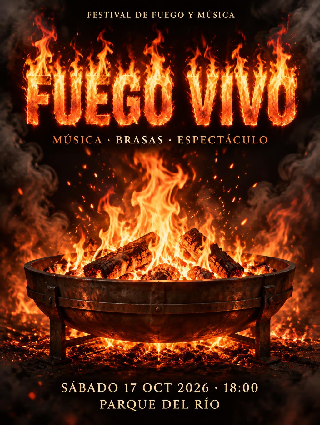 "FUEGO VIVO
FESTIVAL DE FUEGO Y MÚSICA
MÚSICA · BRASAS · ESPECTÁCULO
SÁBADO 17 OCT 2026 · 18:00
PARQUE DEL RÍO" — Fire Smoke | AI Text Effect Generator