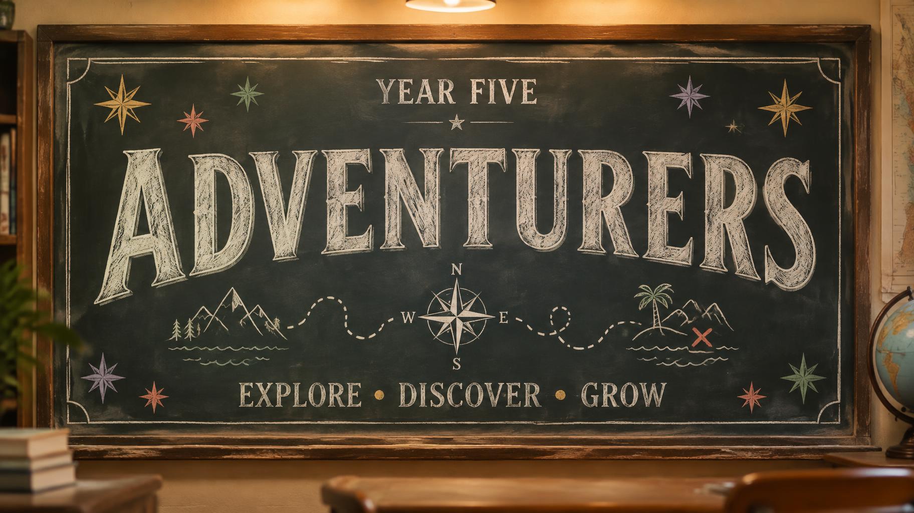 "YEAR FIVE
ADVENTURERS
EXPLORE • DISCOVER • GROW" — Chalk text effect