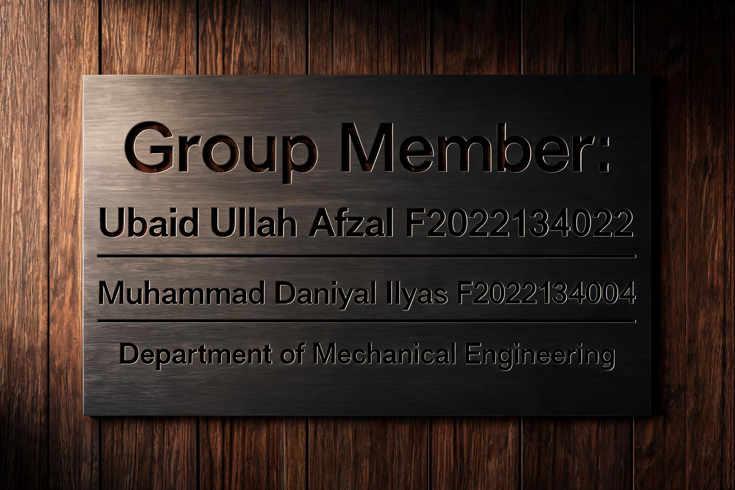 "Group Member: 
Ubaid Ullah Afzal F2022134022
Muhammad Daniyal Ilyas F2022134004
Department of Mechanical Engineering" — Laser Cut text effect