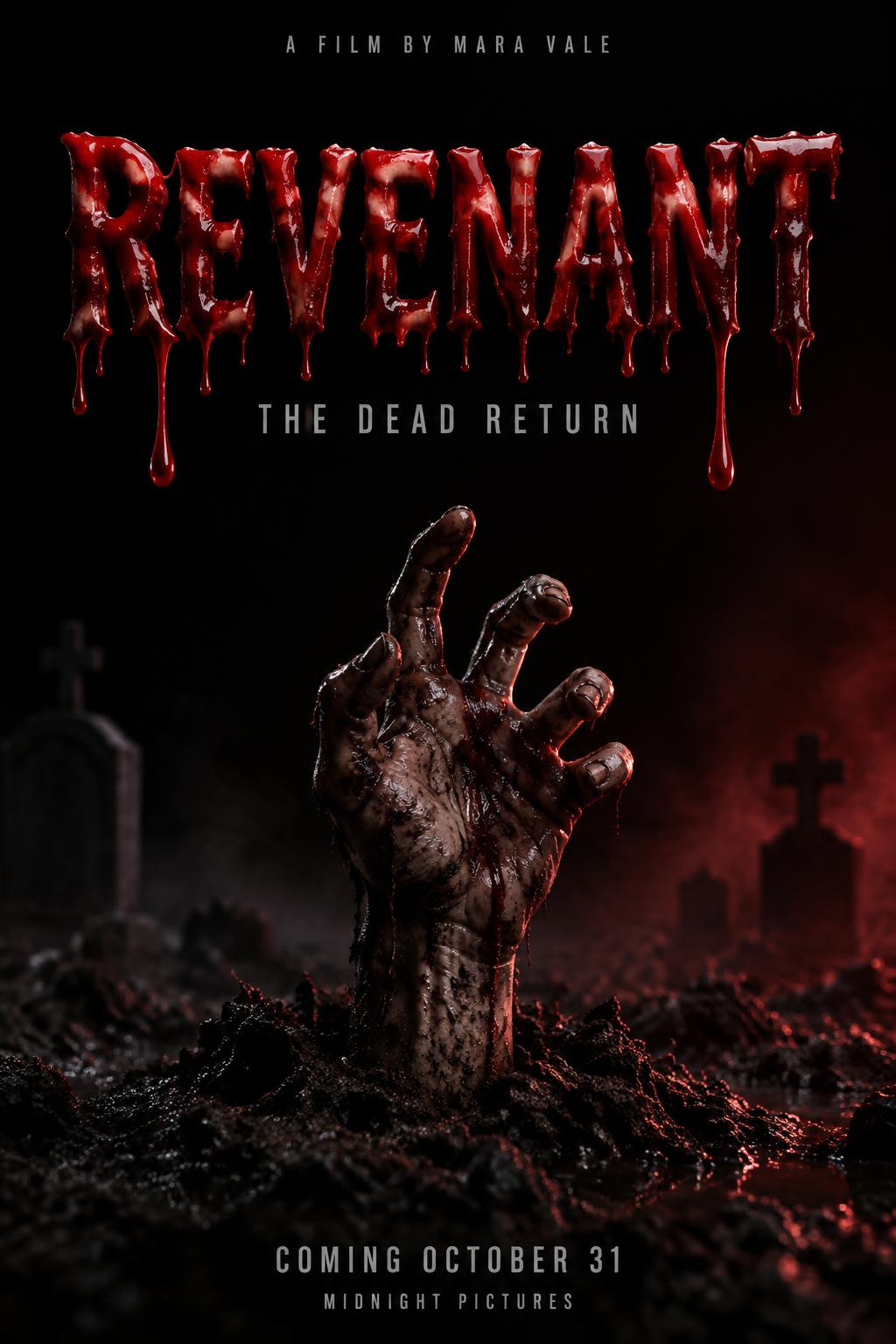 "REVENANT
A FILM BY MARA VALE
THE DEAD RETURN
COMING OCTOBER 31
MIDNIGHT PICTURES" — Drip Font Blood | AI Text Effect Generator