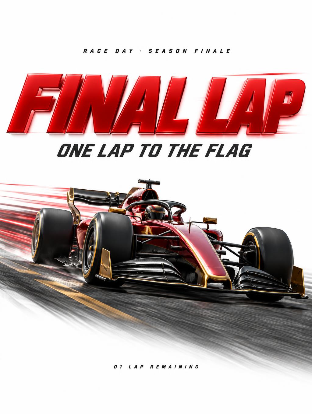 "FINAL LAP
RACE DAY · SEASON FINALE
ONE LAP TO THE FLAG
01 LAP REMAINING" — Racing | AI Text Effect Generator