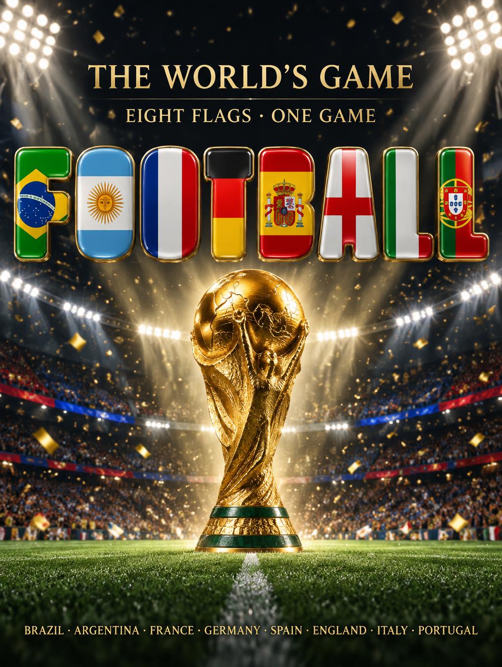 "FOOTBALL
THE WORLD'S GAME
EIGHT FLAGS · ONE GAME
BRAZIL · ARGENTINA · FRANCE · GERMANY · SPAIN · ENGLAND · ITALY · PORTUGAL" — Sports Football | AI Text Effect Generator