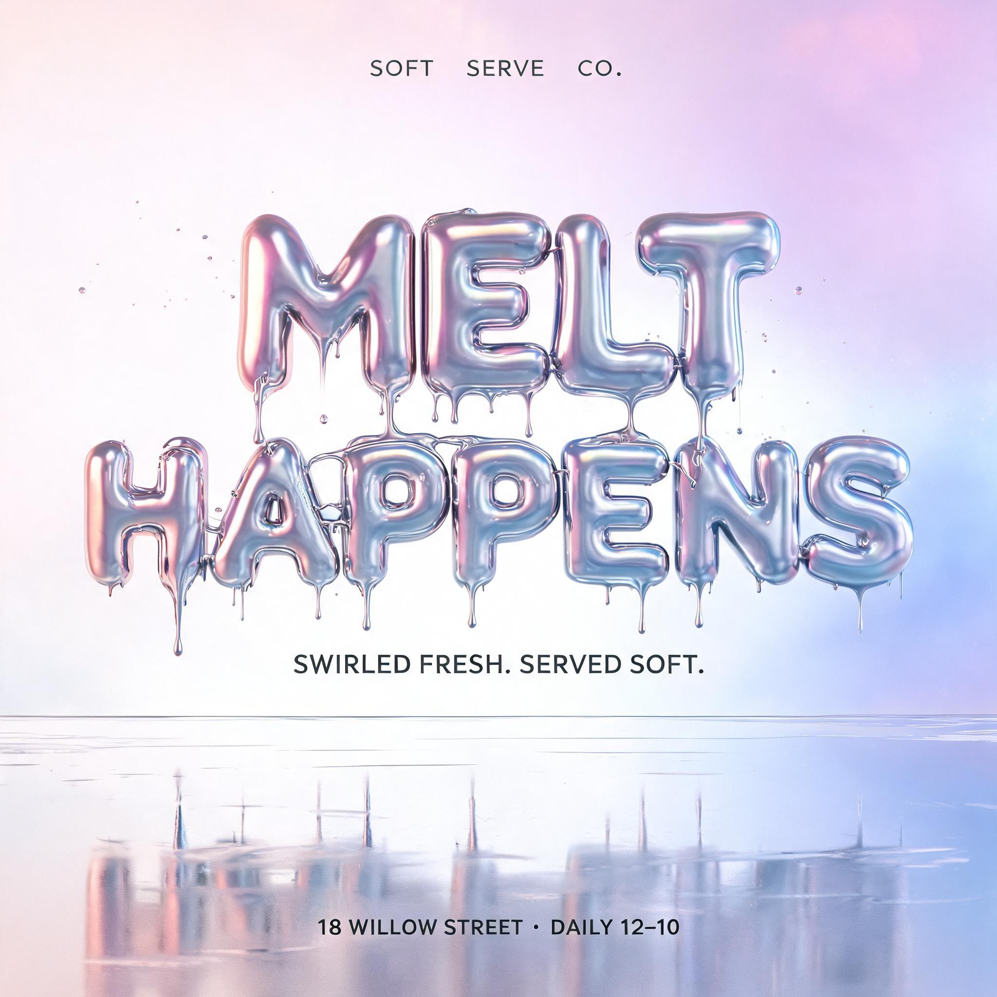 "MELT
HAPPENS
SOFT SERVE CO.
SWIRLED FRESH. SERVED SOFT.
18 WILLOW STREET · DAILY 12–10" — Y2k Liquid | AI Text Effect Generator