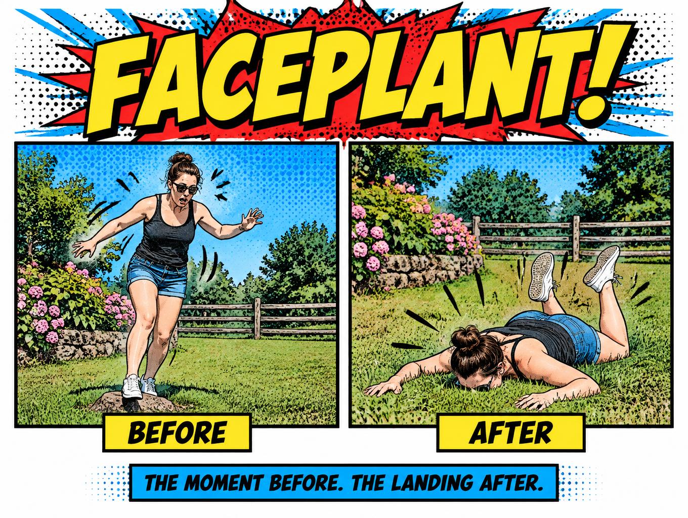 "FACEPLANT!
THE MOMENT BEFORE. THE LANDING AFTER.
BEFORE
AFTER" — Comic Book | AI Text Effect Generator