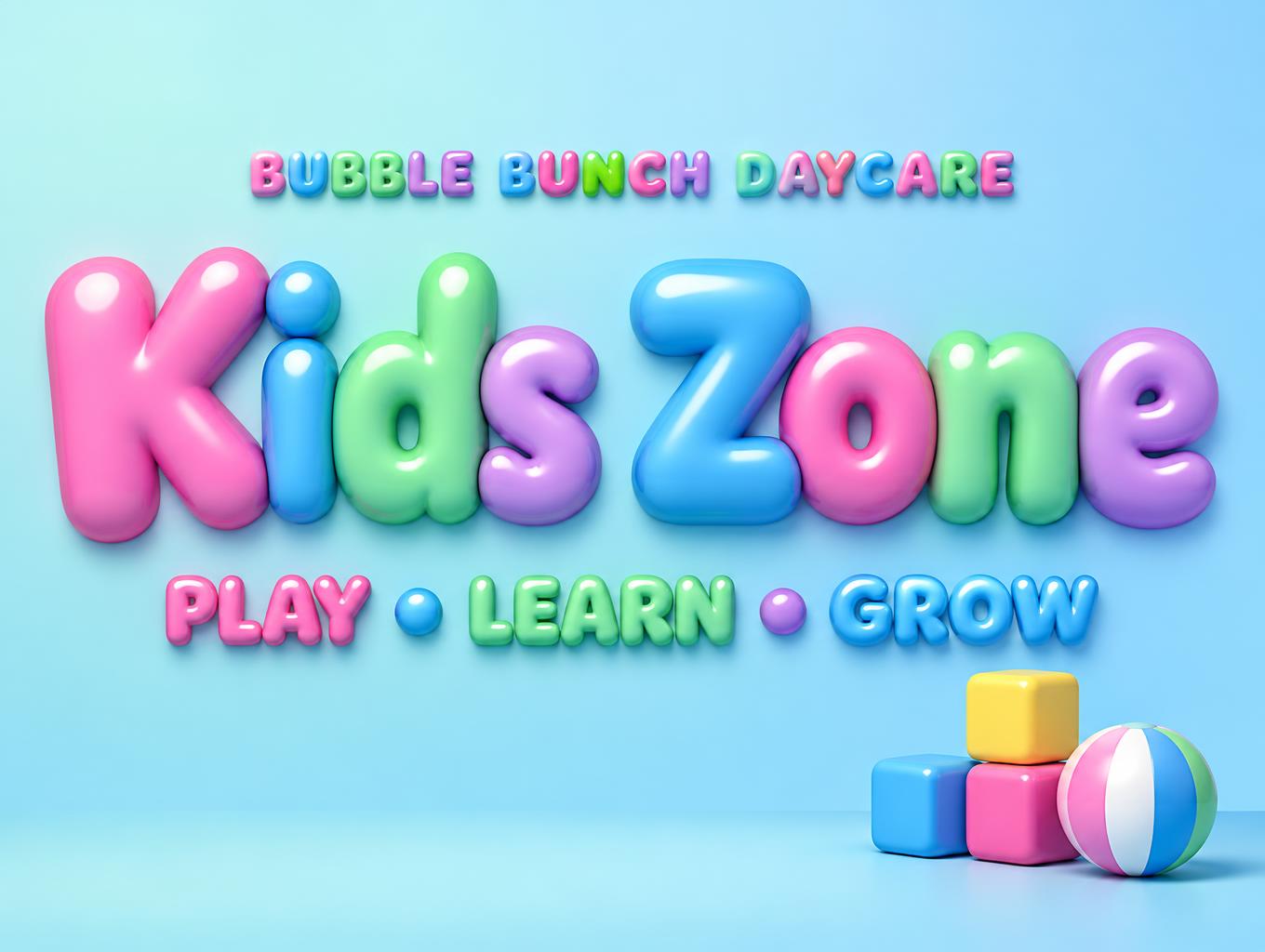 "Kids Zone
BUBBLE BUNCH DAYCARE
PLAY • LEARN • GROW" — 3d Bold Inflated | AI Text Effect Generator