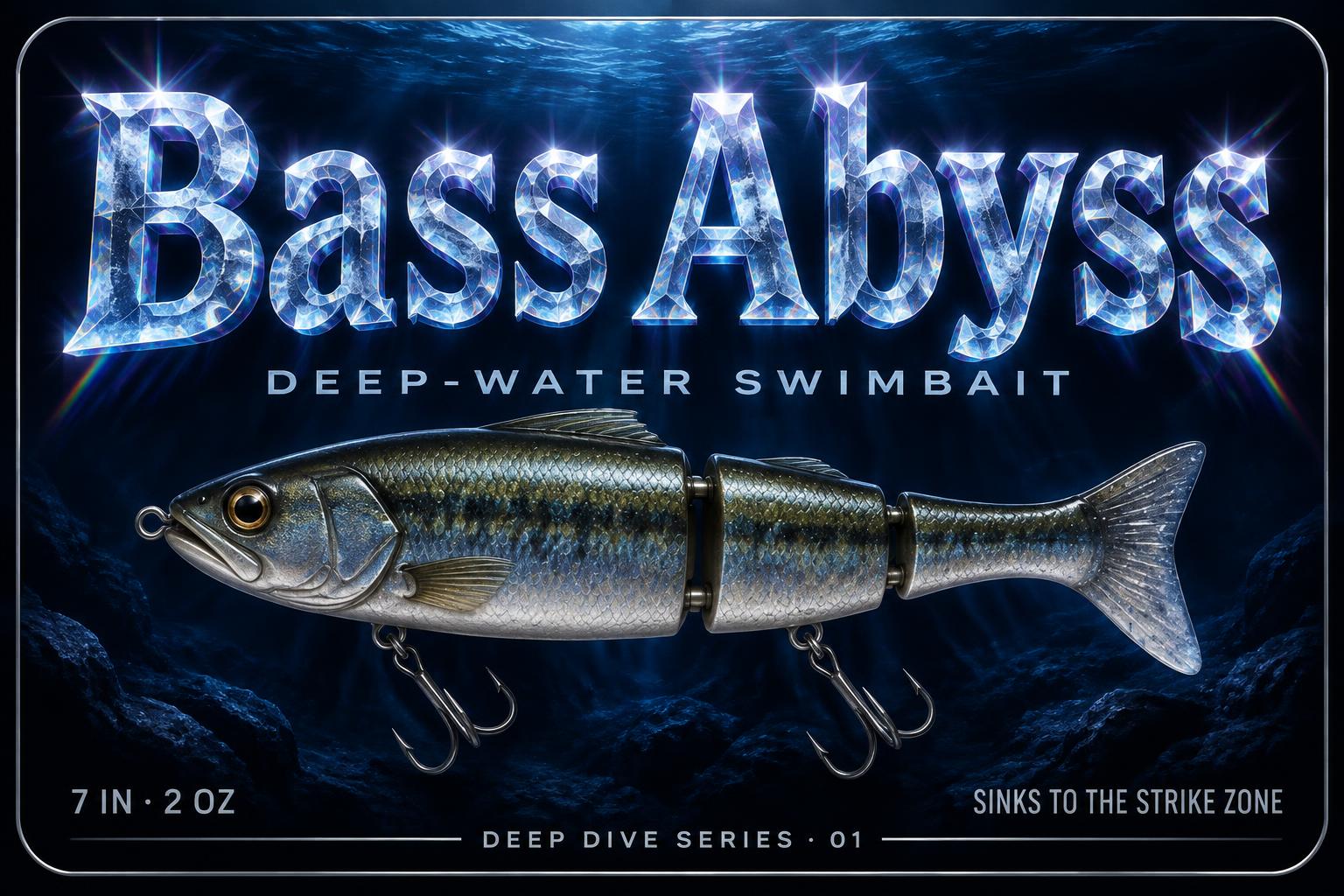 "Bass Abyss
DEEP-WATER SWIMBAIT
7 IN · 2 OZ
SINKS TO THE STRIKE ZONE
DEEP DIVE SERIES · 01" — Glass Crystal | AI Text Effect Generator