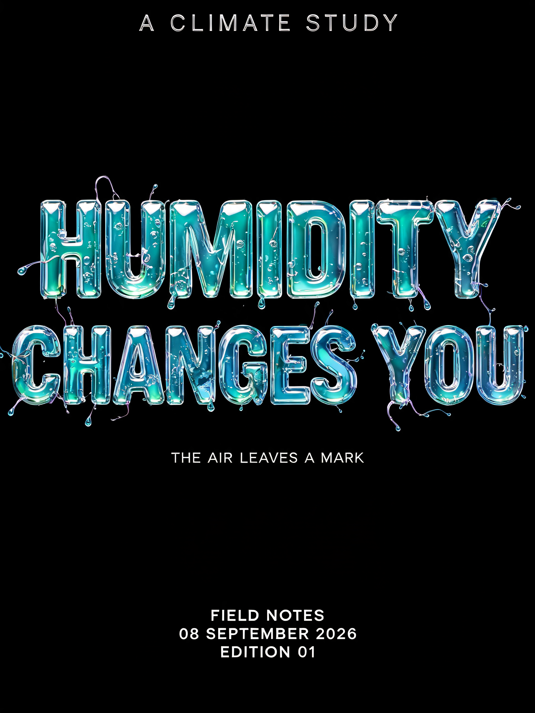 "HUMIDITY
CHANGES YOU
A CLIMATE STUDY
THE AIR LEAVES A MARK
FIELD NOTES / 08 SEPTEMBER 2026 / EDITION 01" — Glass Liquid | AI Text Effect Generator