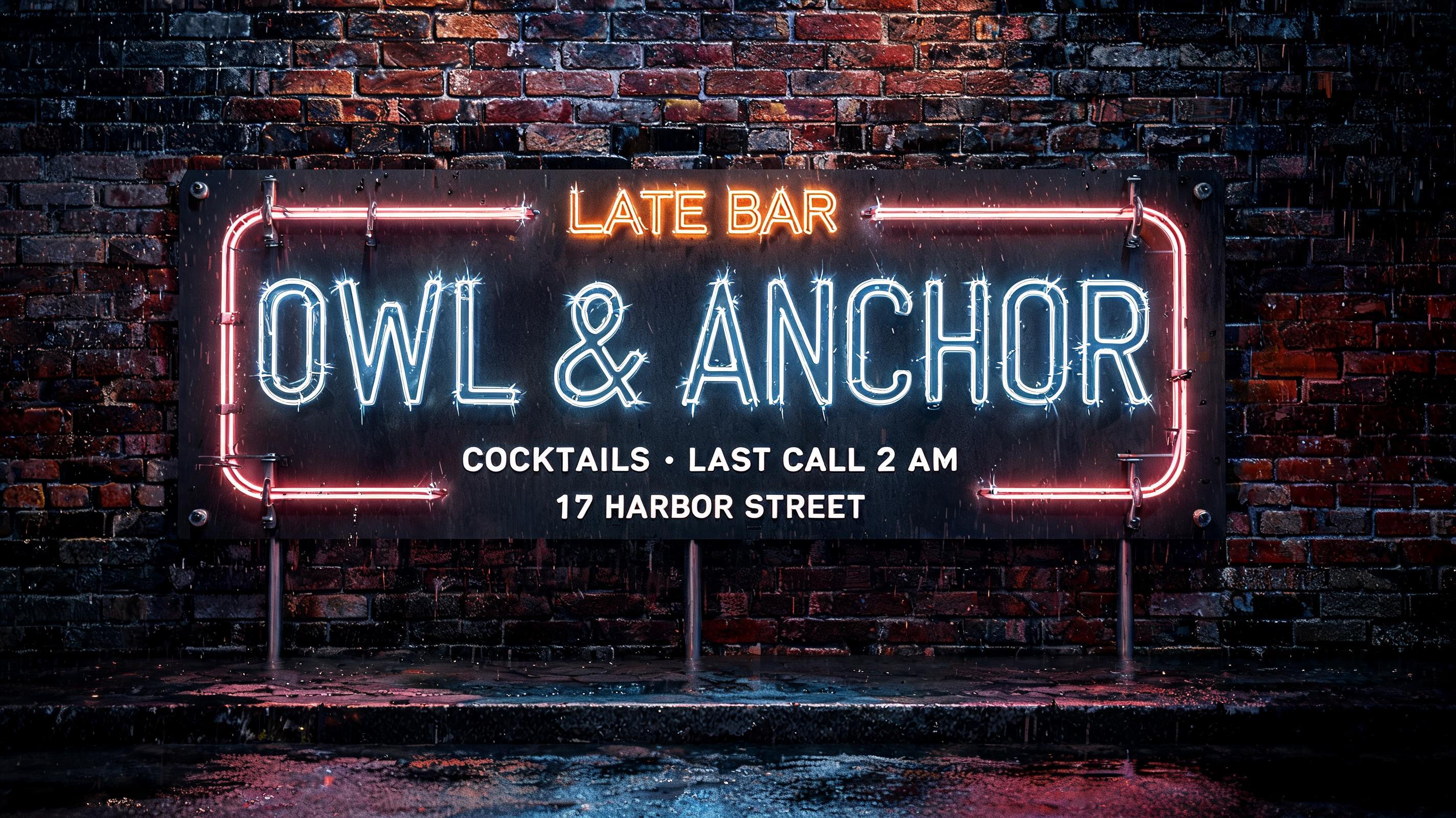 "OWL & ANCHOR
LATE BAR
COCKTAILS • LAST CALL 2 AM
17 HARBOR STREET" — Neon Sign | AI Text Effect Generator