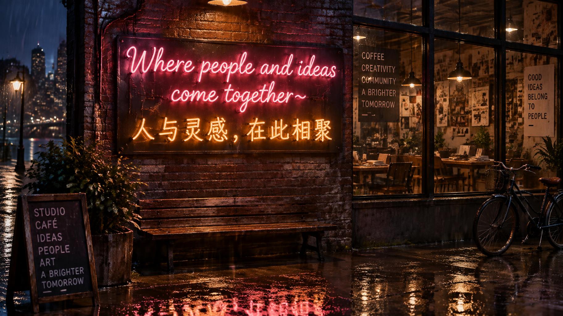 "Where people and ideas come together~
人与灵感，在此相聚" — Neon Sign | AI Text Effect Generator