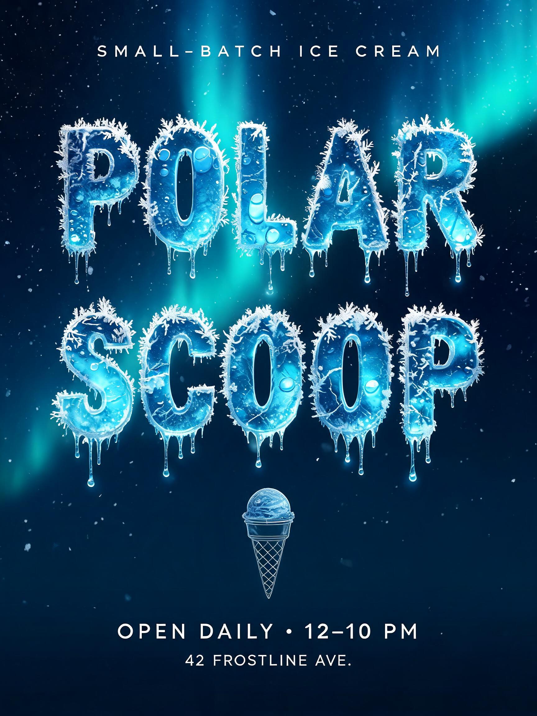 "POLAR
SCOOP
SMALL-BATCH ICE CREAM
OPEN DAILY • 12–10 PM
42 FROSTLINE AVE." — Glass Frozen | AI Text Effect Generator