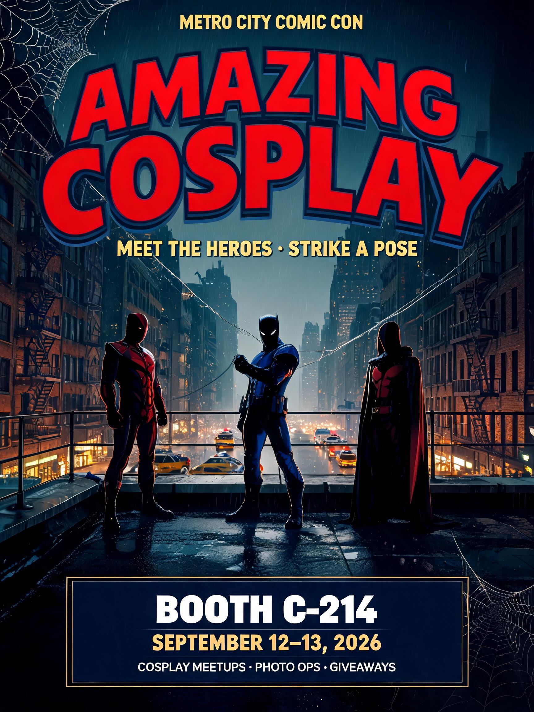"METRO CITY COMIC CON
AMAZING COSPLAY
MEET THE HEROES · STRIKE A POSE
BOOTH C-214
SEPTEMBER 12–13, 2026
COSPLAY MEETUPS · PHOTO OPS · GIVEAWAYS" — Spider Hero | AI Text Effect Generator