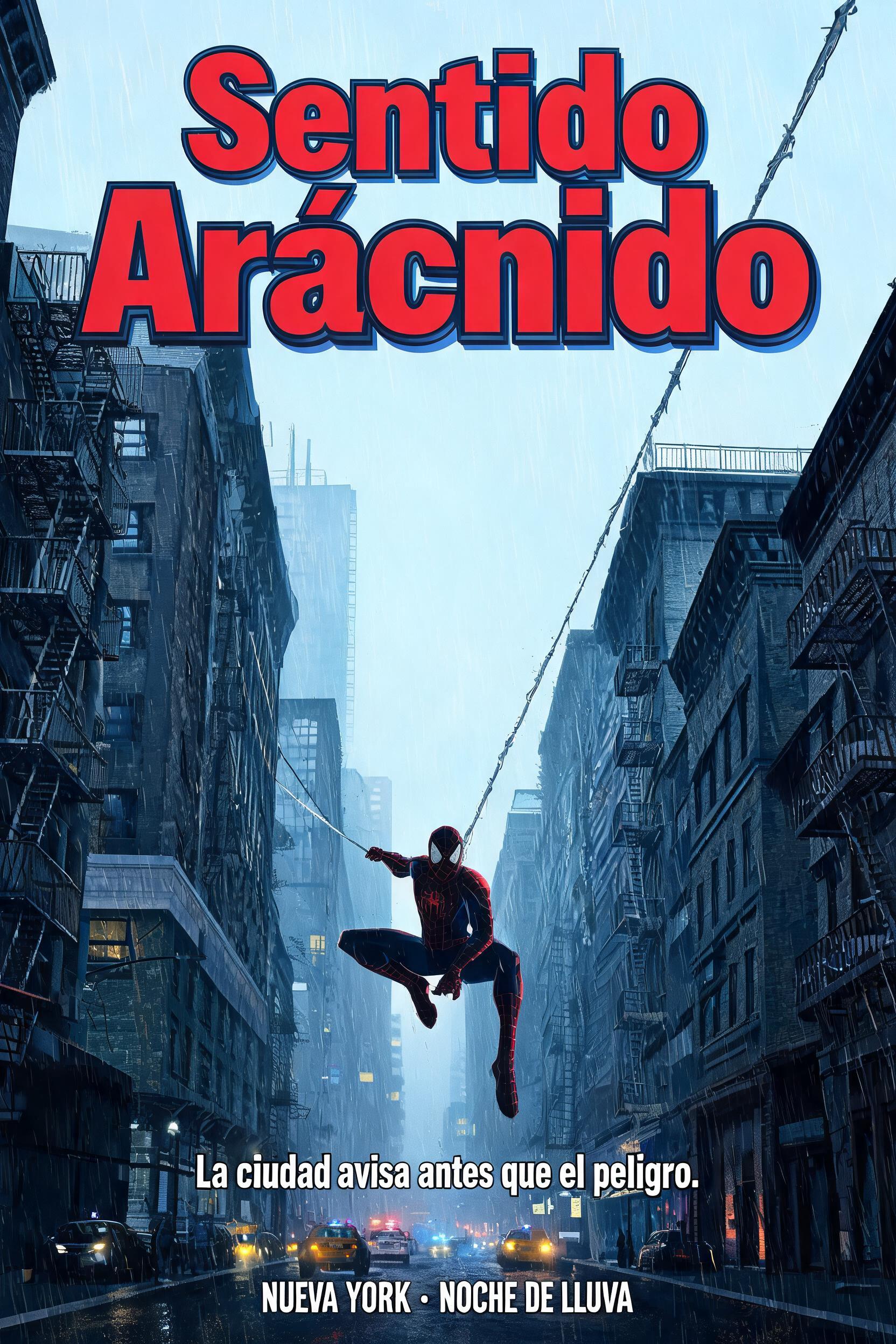 "Sentido Arácnido
FAN ART
La ciudad avisa antes que el peligro.
NUEVA YORK · NOCHE DE LLUVIA" — Spider Hero | AI Text Effect Generator