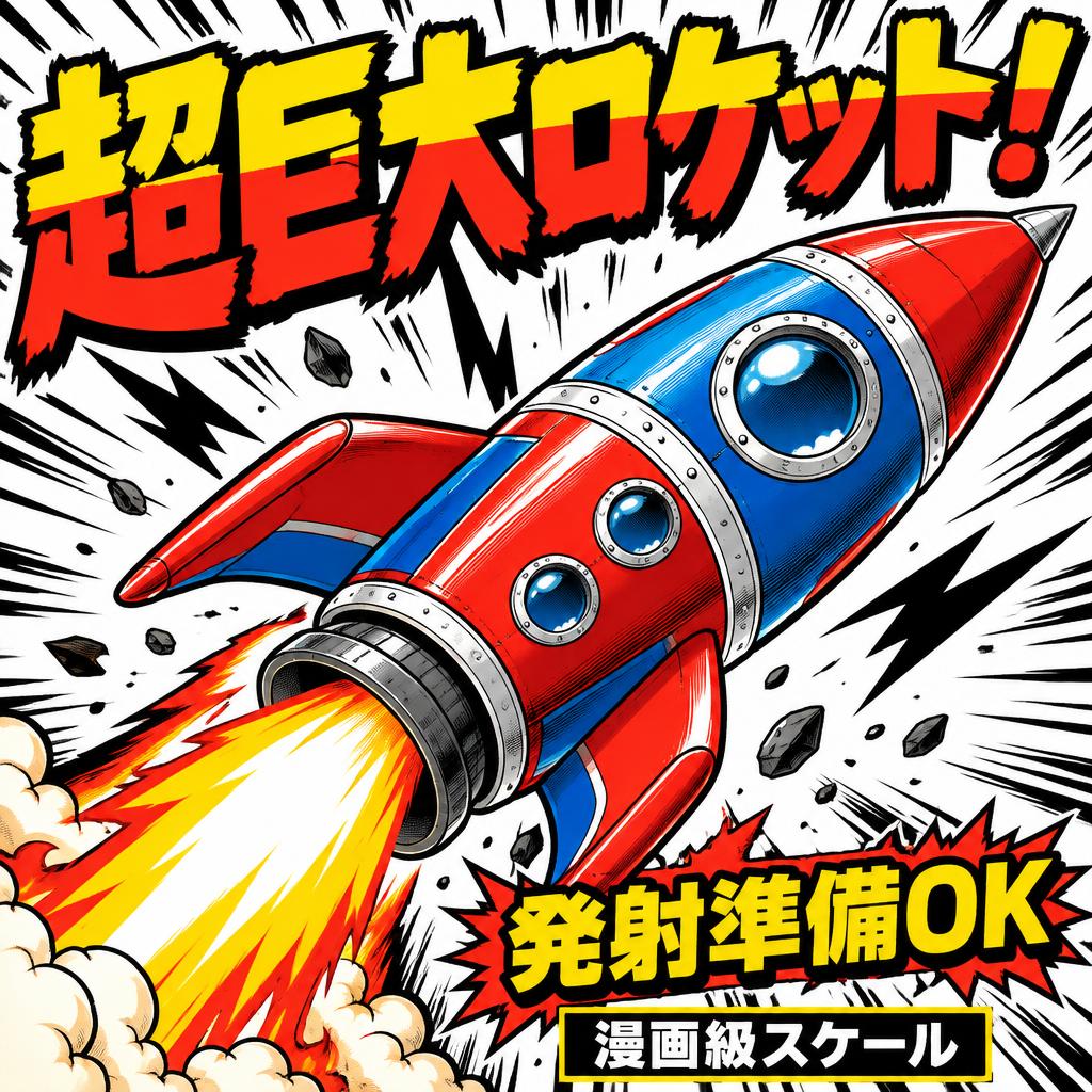 "超巨大ロケット！
発射準備OK
漫画級スケール" — Anime | AI Text Effect Generator