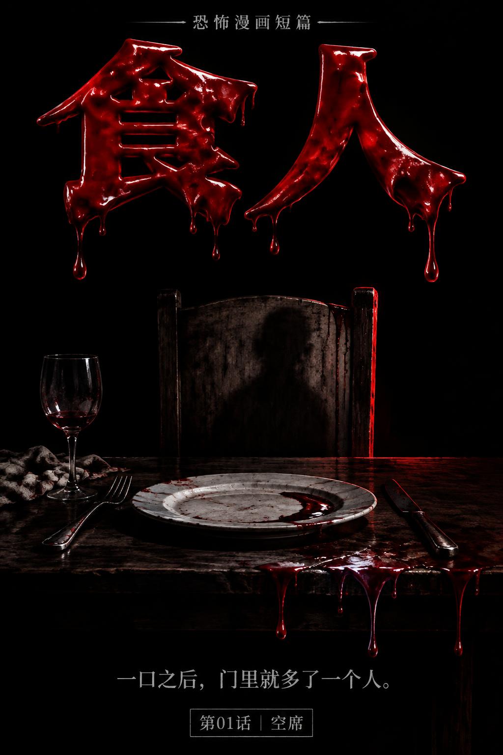 "食人
一口之后，门里就多了一个人。
恐怖漫画短篇
第01话｜空席" — Drip Font Blood | AI Text Effect Generator