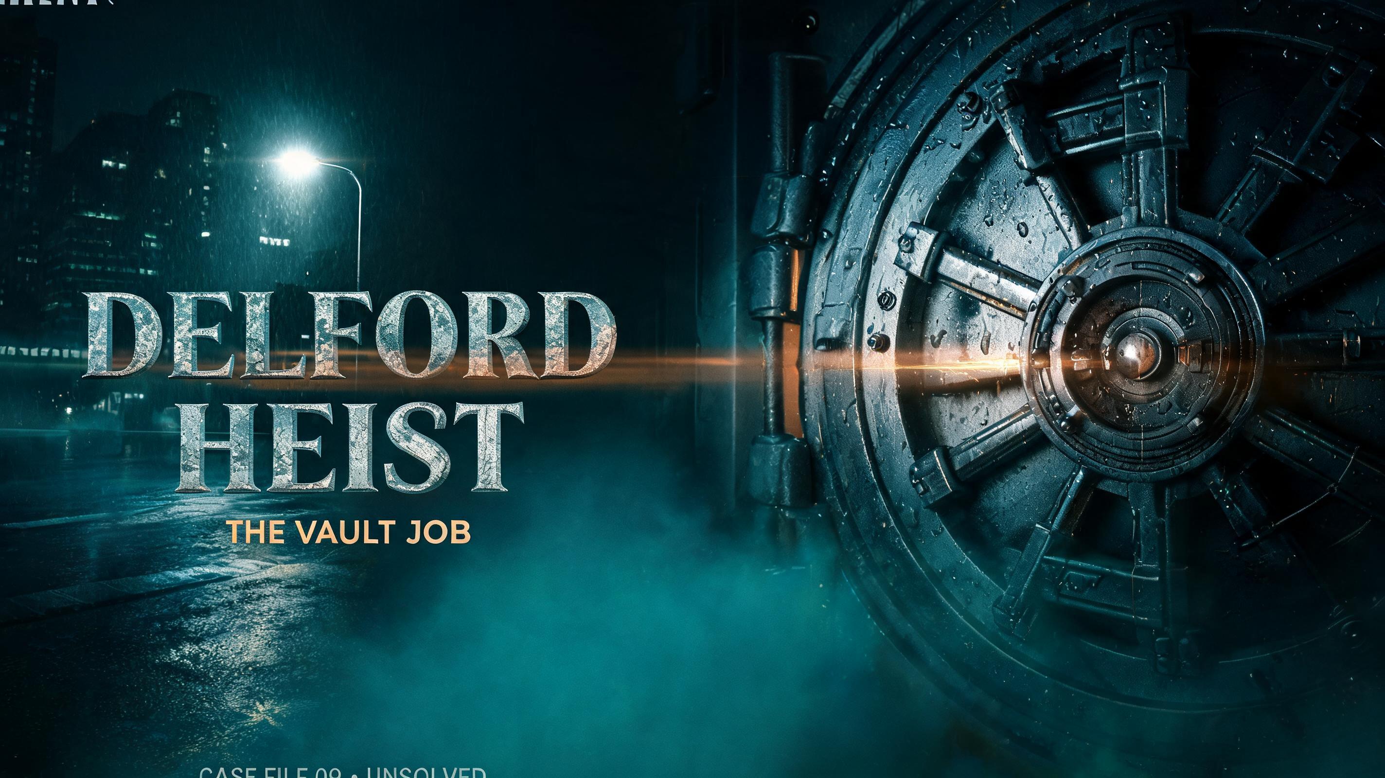 "DELFORD
HEIST
TRUE CRIME FILES
THE VAULT JOB
CASE FILE 09 • UNSOLVED" — Cinematic | AI Text Effect Generator