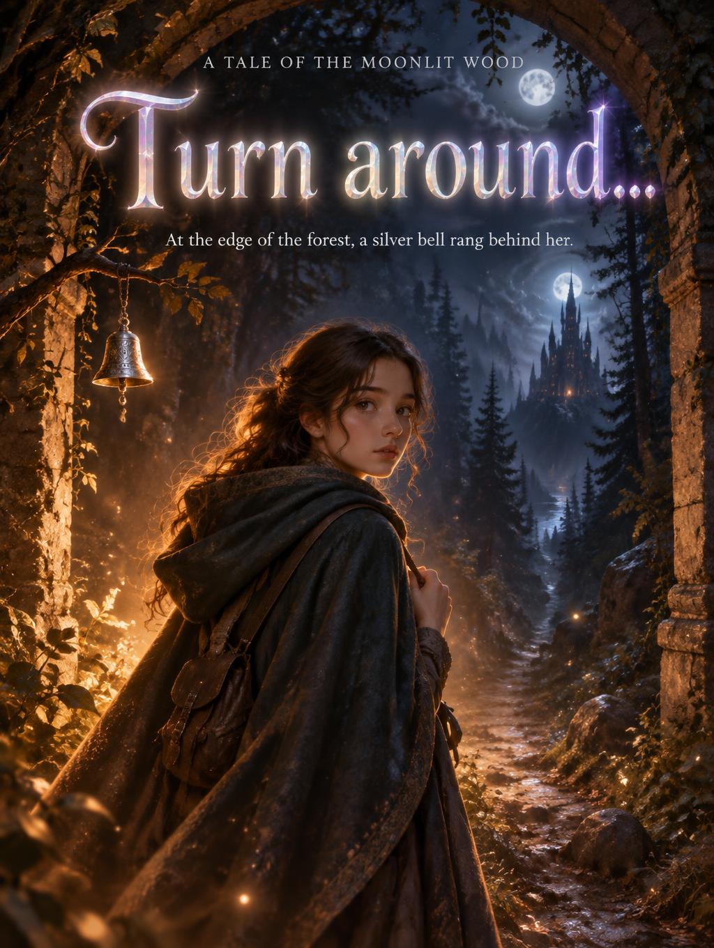 "Turn around...
A TALE OF THE MOONLIT WOOD
At the edge of the forest, a silver bell rang behind her." — Fairy Tale | AI Text Effect Generator