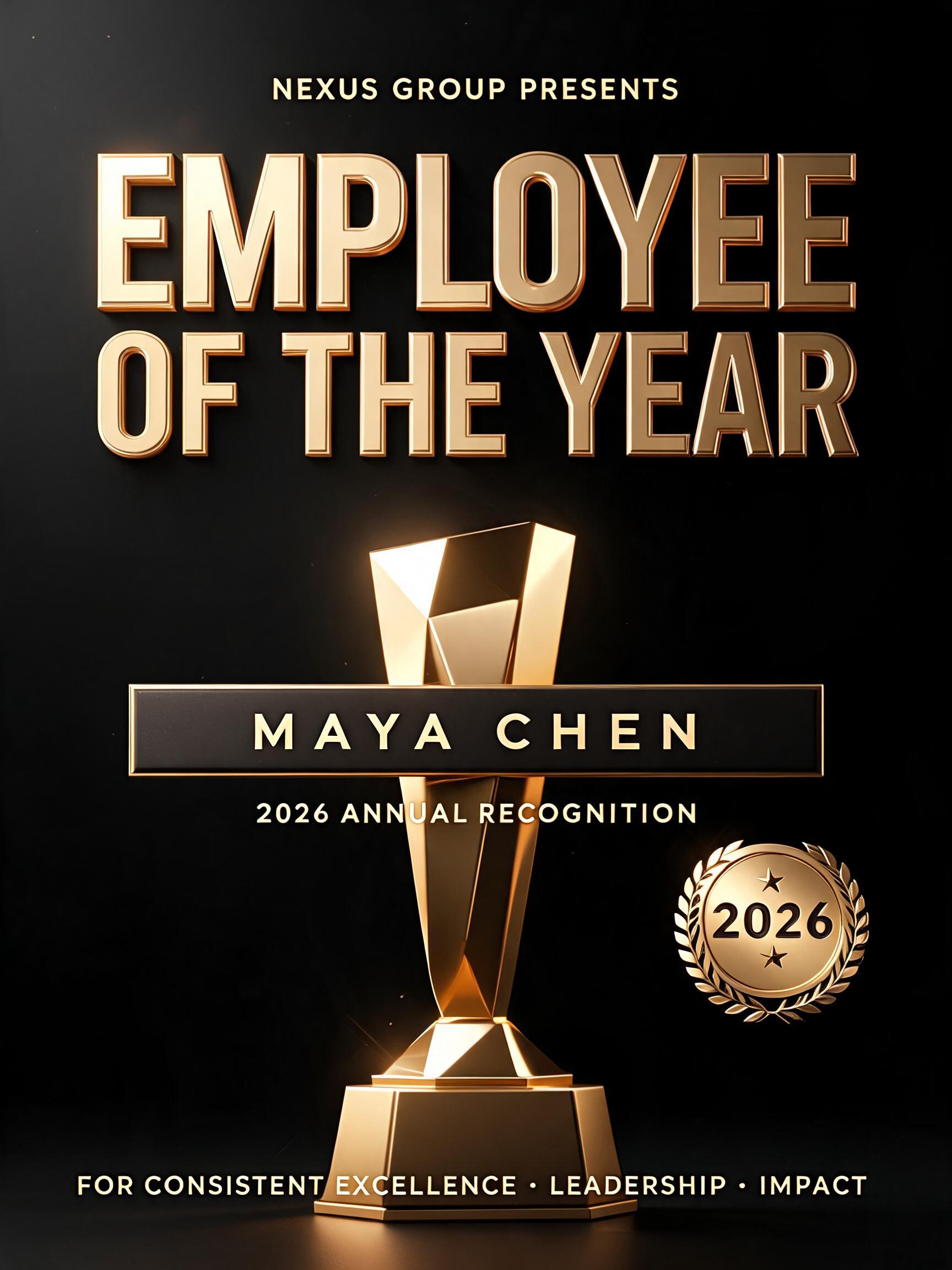 "EMPLOYEE
OF THE YEAR
MAYA CHEN
NEXUS GROUP PRESENTS
2026 ANNUAL RECOGNITION
FOR CONSISTENT EXCELLENCE · LEADERSHIP · IMPACT
2026" — 3d Bold Gold | AI Text Effect Generator