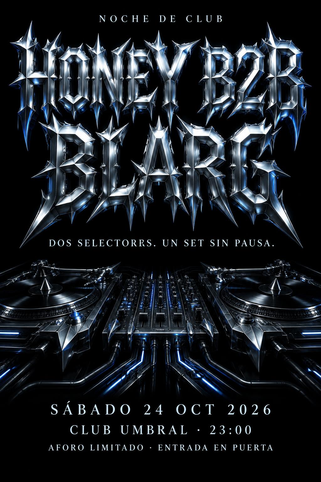"NOCHE DE CLUB
HONEY B2B BLARG
DOS SELECTORES. UN SET SIN PAUSA.
SÁBADO 24 OCT 2026
CLUB UMBRAL · 23:00
AFORO LIMITADO · ENTRADA EN PUERTA" — Chrome Metal 3d | AI Text Effect Generator