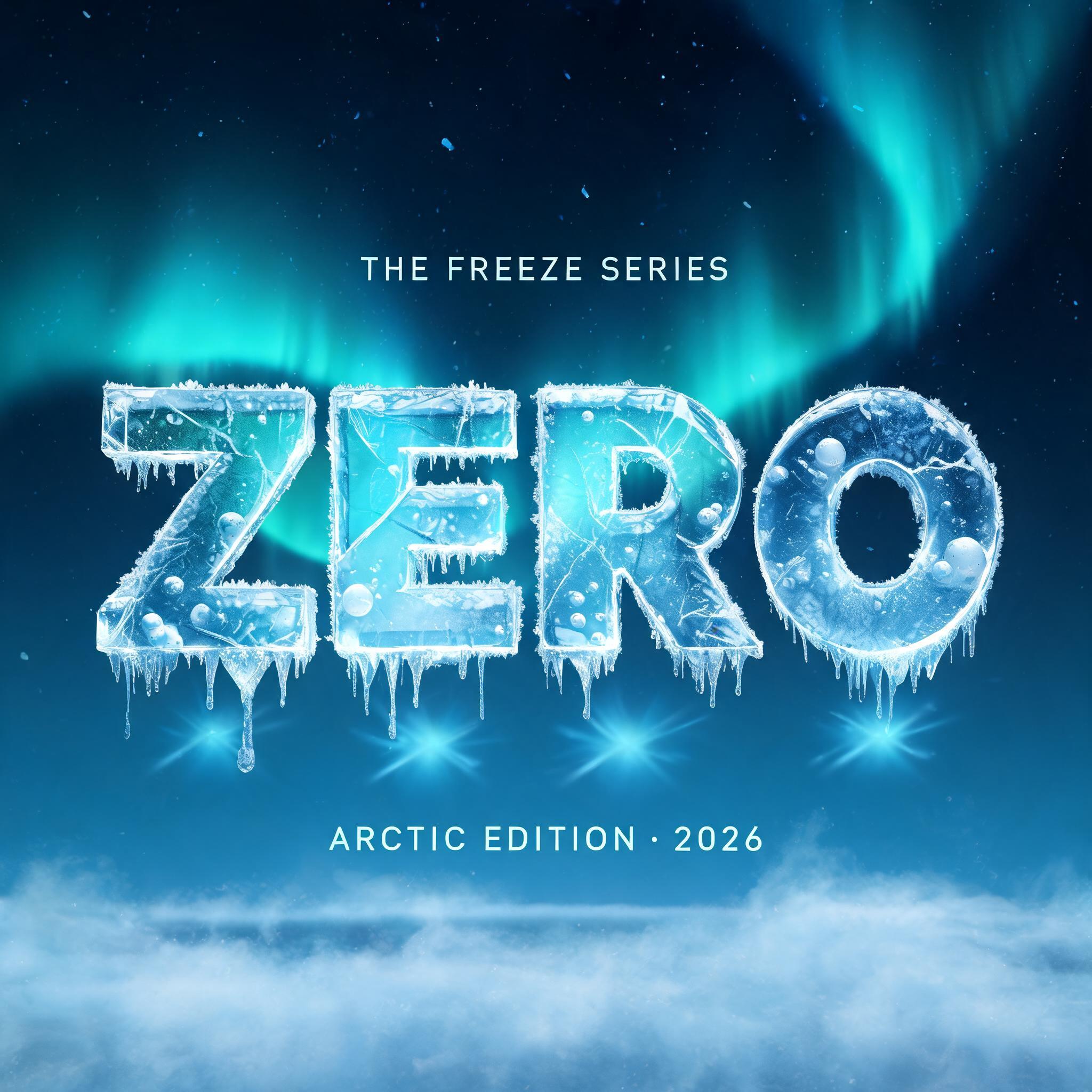 "ZERO
THE FREEZE SERIES
ARCTIC EDITION · 2026" — Glass Frozen text effect