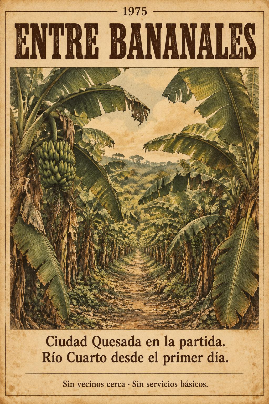 "ENTRE BANANALES
Ciudad Quesada en la partida. Río Cuarto desde el primer día.
Sin vecinos cerca · Sin servicios básicos.
1975" — Vintage | AI Text Effect Generator