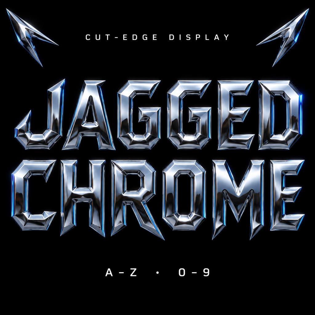"JAGGED CHROME
CUT-EDGE DISPLAY
A–Z  ·  0–9" — Chrome Metal 3d | AI Text Effect Generator