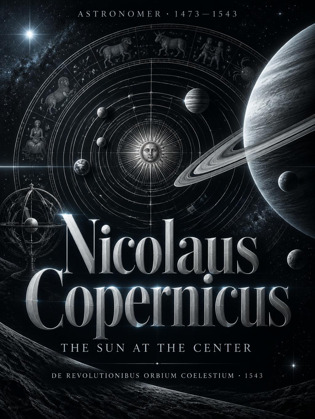 "Nicolaus Copernicus
ASTRONOMER · 1473—1543
THE SUN AT THE CENTER
DE REVOLUTIONIBUS ORBIUM COELESTIUM · 1543" — Cinematic Scifi text effect