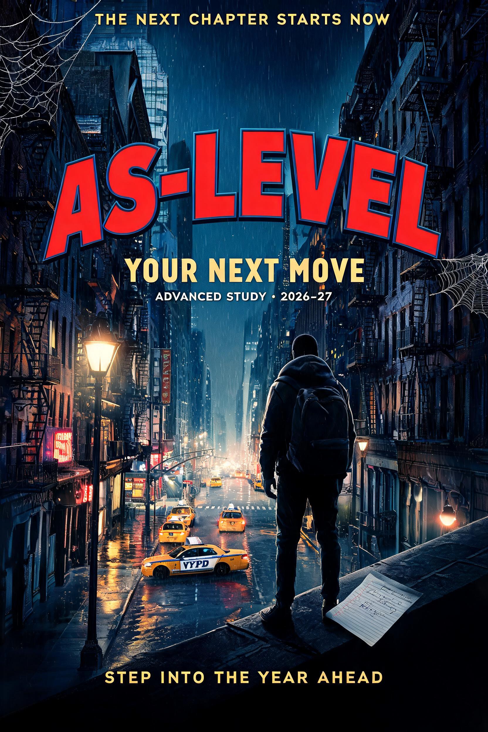 "AS-LEVEL
THE NEXT CHAPTER STARTS NOW
YOUR NEXT MOVE
ADVANCED STUDY • 2026–27
STEP INTO THE YEAR AHEAD" — Spider Hero | AI Text Effect Generator