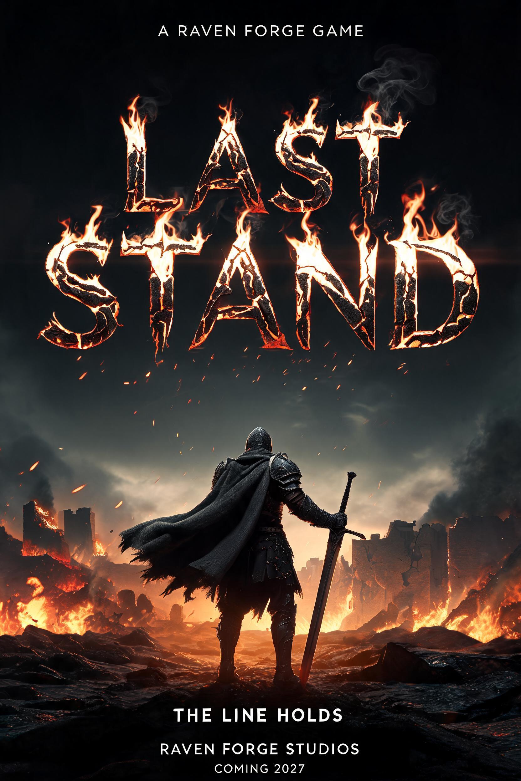 "A RAVEN FORGE GAME
LAST
STAND
THE LINE HOLDS
RAVEN FORGE STUDIOS
COMING 2027" — Fire Smoke | AI Text Effect Generator