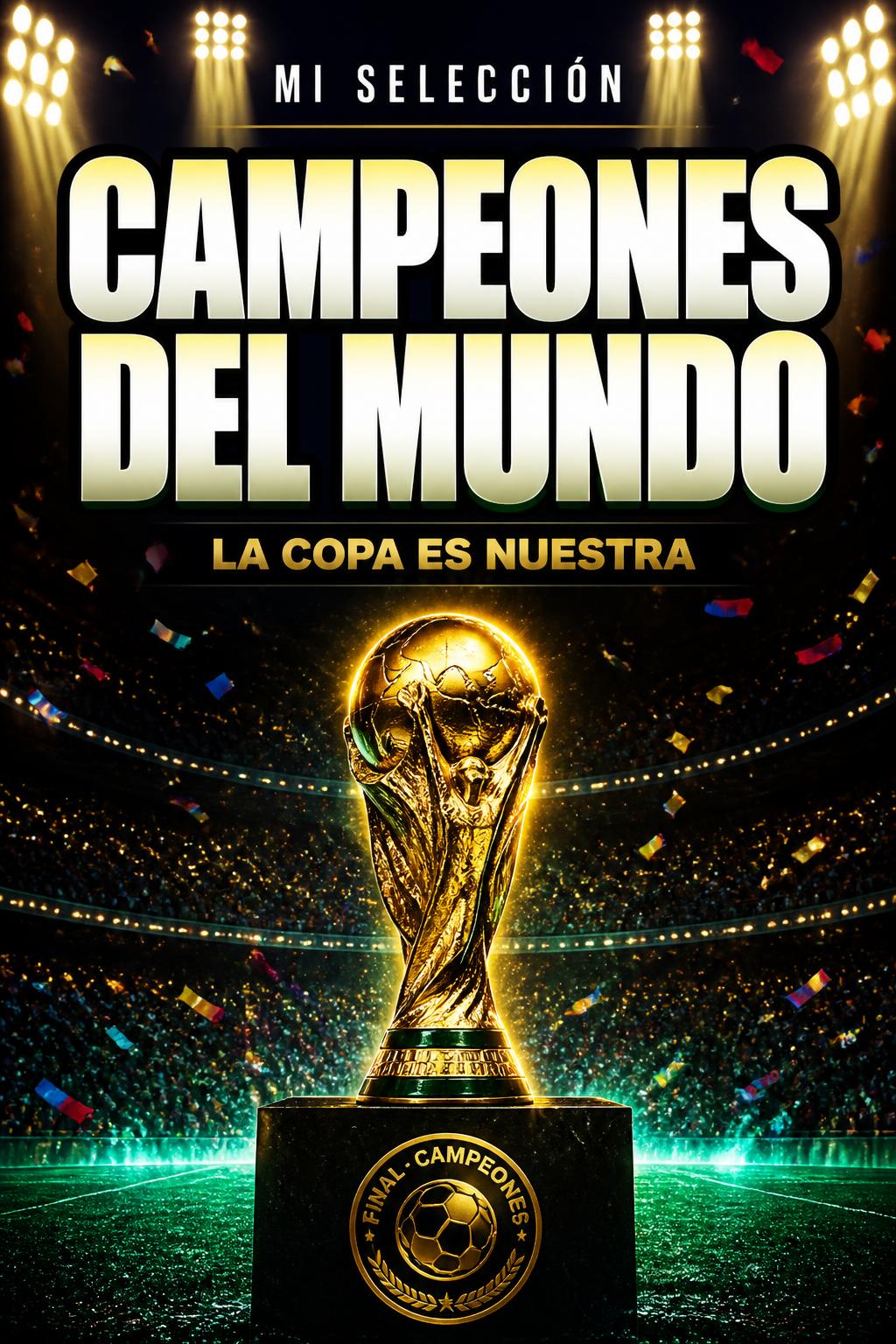 "CAMPEONES
DEL MUNDO
MI SELECCIÓN
LA COPA ES NUESTRA
FINAL · CAMPEONES" — Sports Football | AI Text Effect Generator
