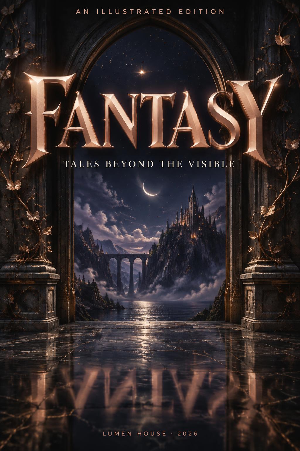 "FANTASY
AN ILLUSTRATED EDITION
TALES BEYOND THE VISIBLE
LUMEN HOUSE · 2026" — Metallic text effect