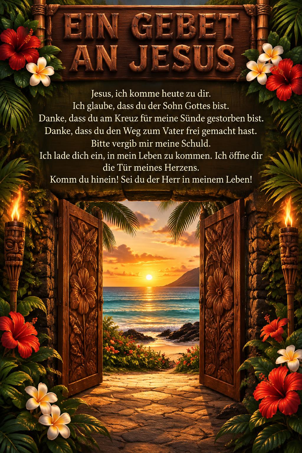"EIN GEBET AN JESUS
Jesus, ich komme heute zu dir.
Ich glaube, dass du der Sohn Gottes bist.
Danke, dass du am Kreuz für meine Sünde gestorben bist.
Danke, dass du den Weg zum Vater frei gemacht hast.
Bitte vergib mir meine Schuld.
Ich lade dich ein, in mein Leben zu kommen. Ich öffne dir die Tür meines Herzens.
Komm du hinein! Sei du der Herr in meinem Leben!" — Hawaiian | AI Text Effect Generator