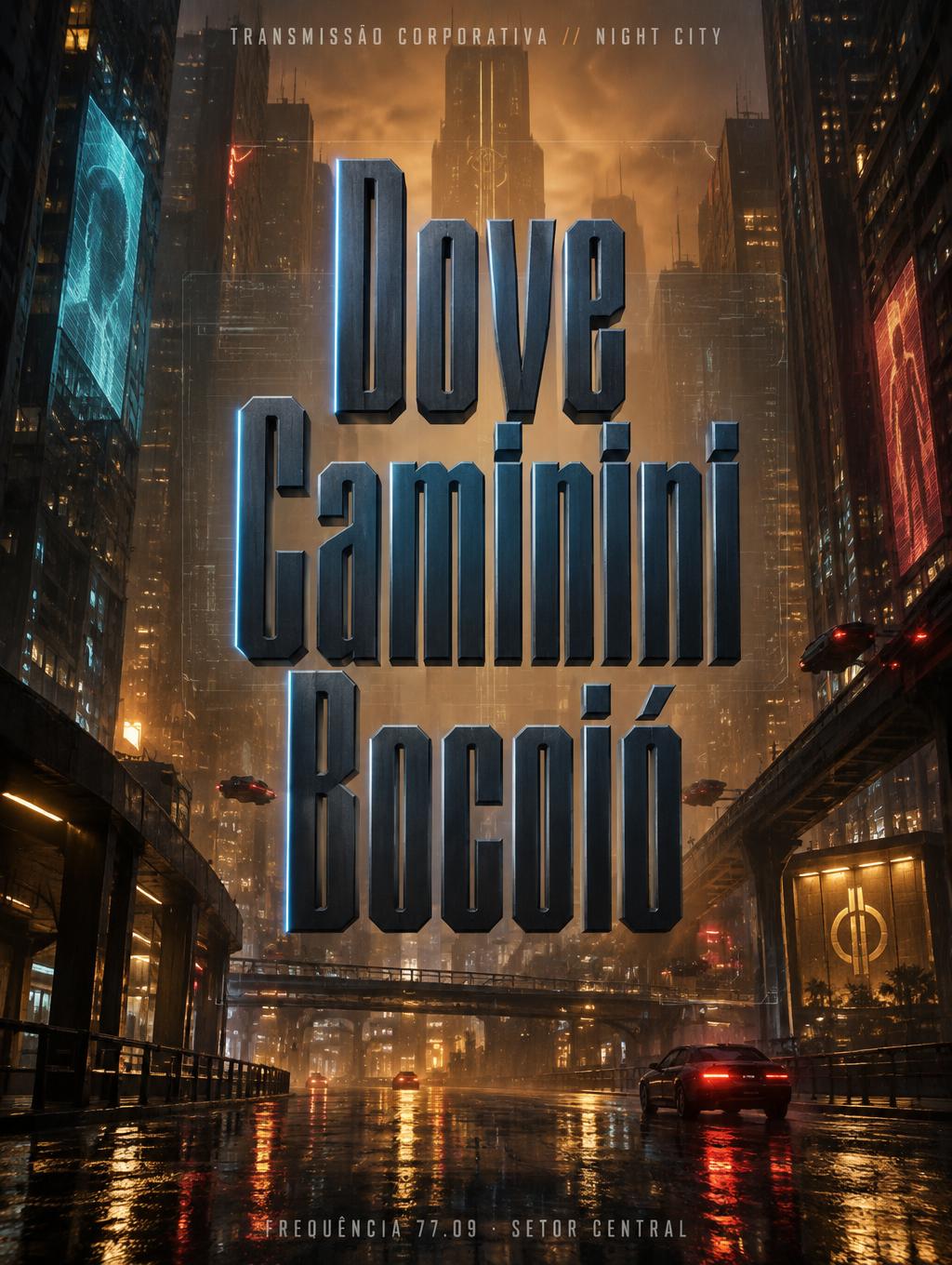 "Dove Caminini Bocoió
TRANSMISSÃO CORPORATIVA // NIGHT CITY
FREQUÊNCIA 77.09 · SETOR CENTRAL" — Cyberpunk 2077 | AI Text Effect Generator