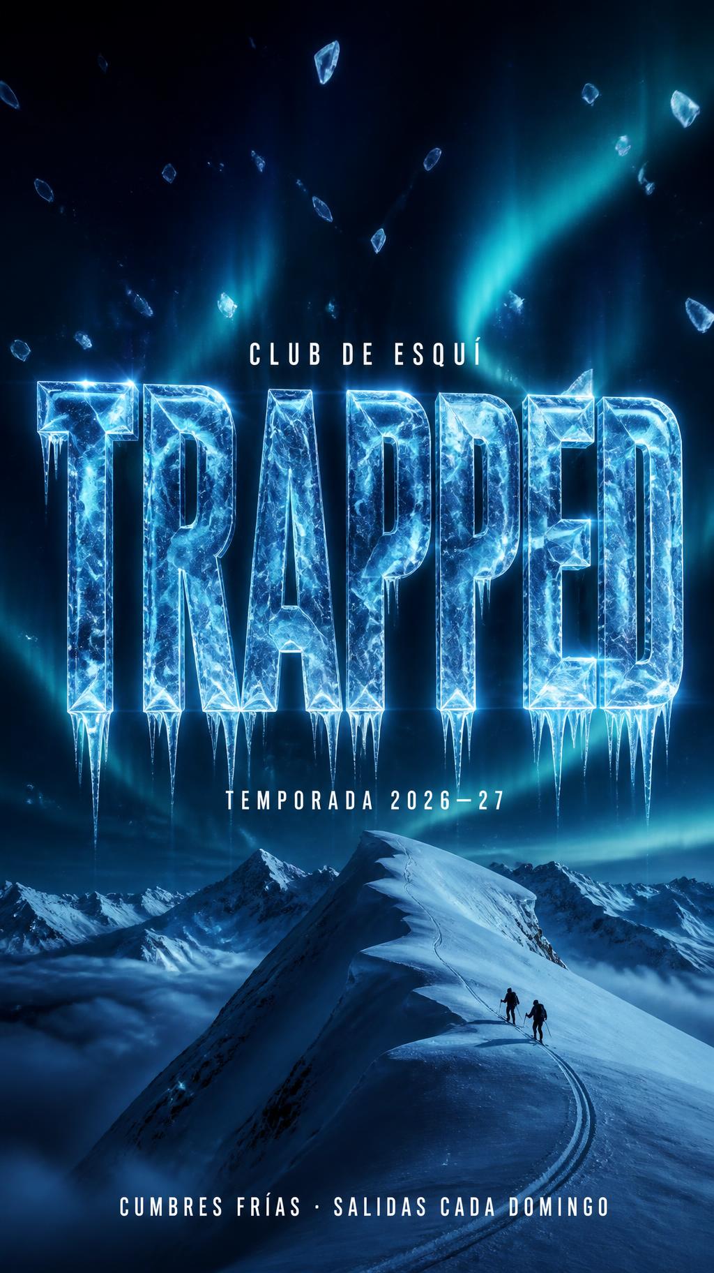 "TRAPPED
CLUB DE ESQUÍ
TEMPORADA 2026—27
CUMBRES FRÍAS · SALIDAS CADA DOMINGO" — Glass Frozen text effect