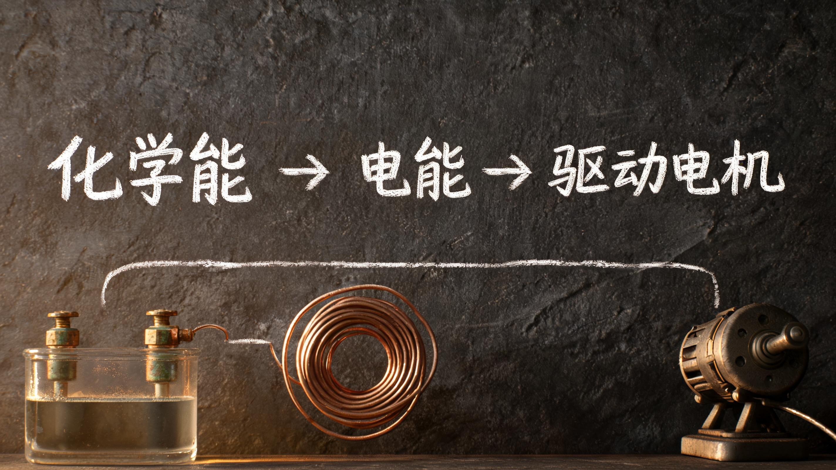 "化学能 ➜ 电能 ➜ 驱动电机" — Vintage | AI Text Effect Generator