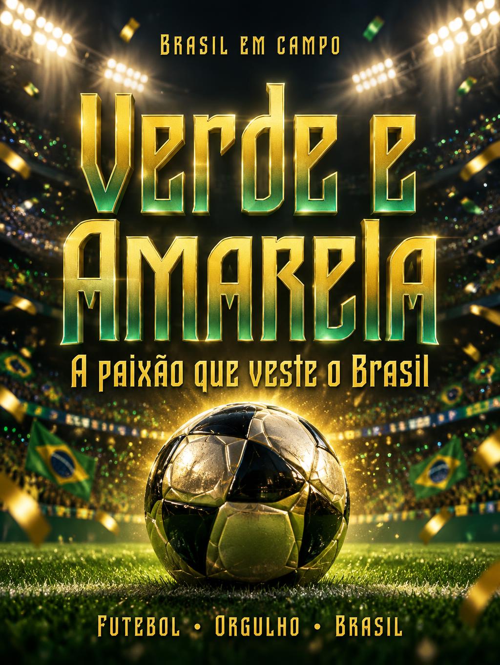 "Verde e Amarela
BRASIL EM CAMPO
A paixão que veste o Brasil
FUTEBOL • ORGULHO • BRASIL" — Sports Football | AI Text Effect Generator